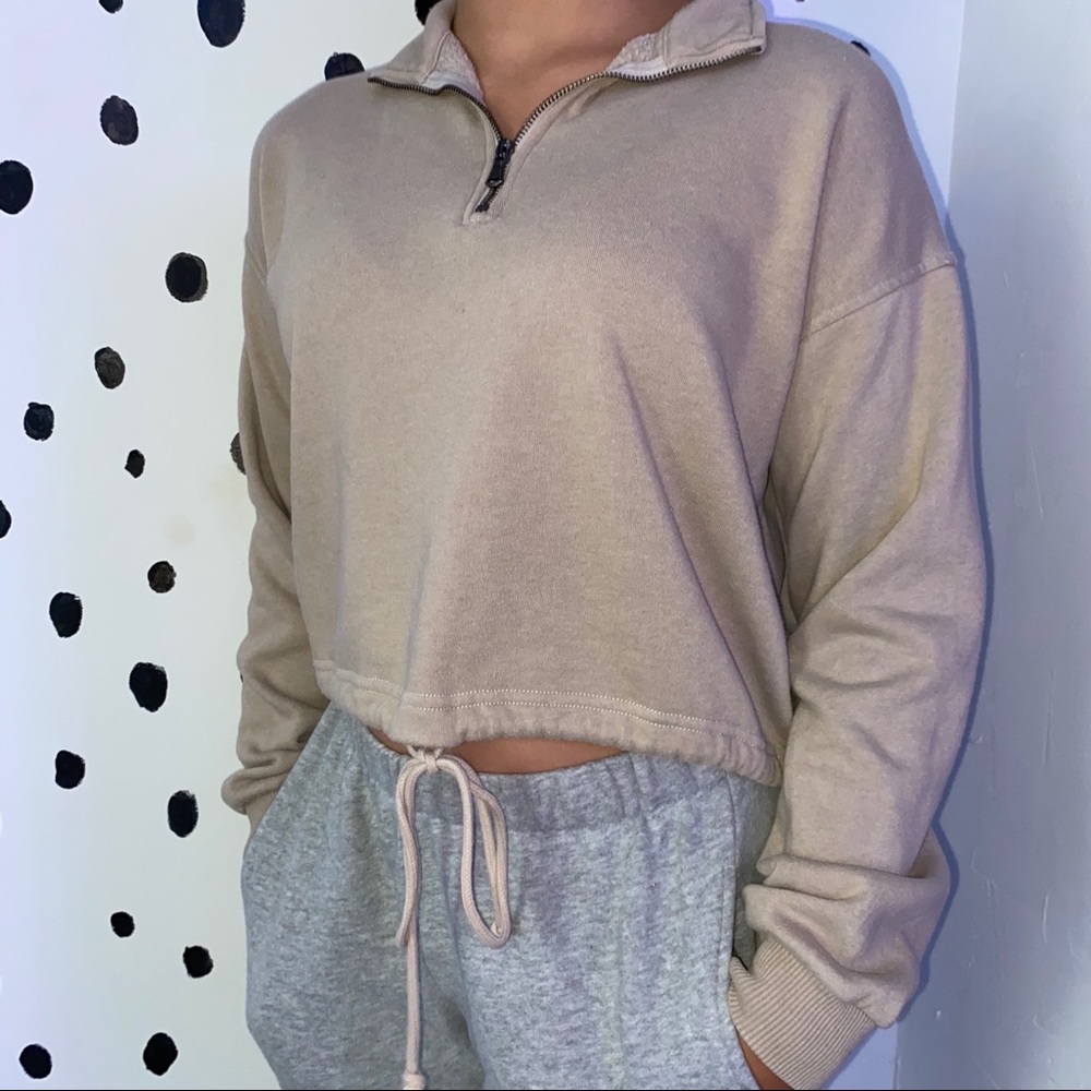 AE Tan Cropped Quarter Zip Sweater